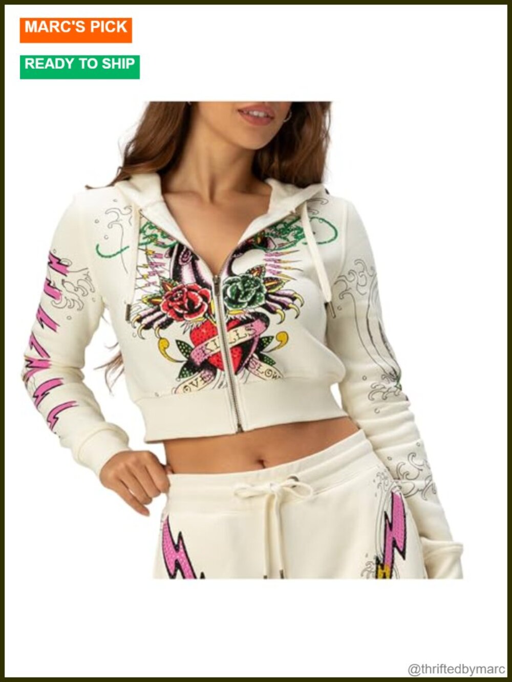 Cropped Zip Front Hoodie Sweatshirt Cotton Blend Ed Hardy